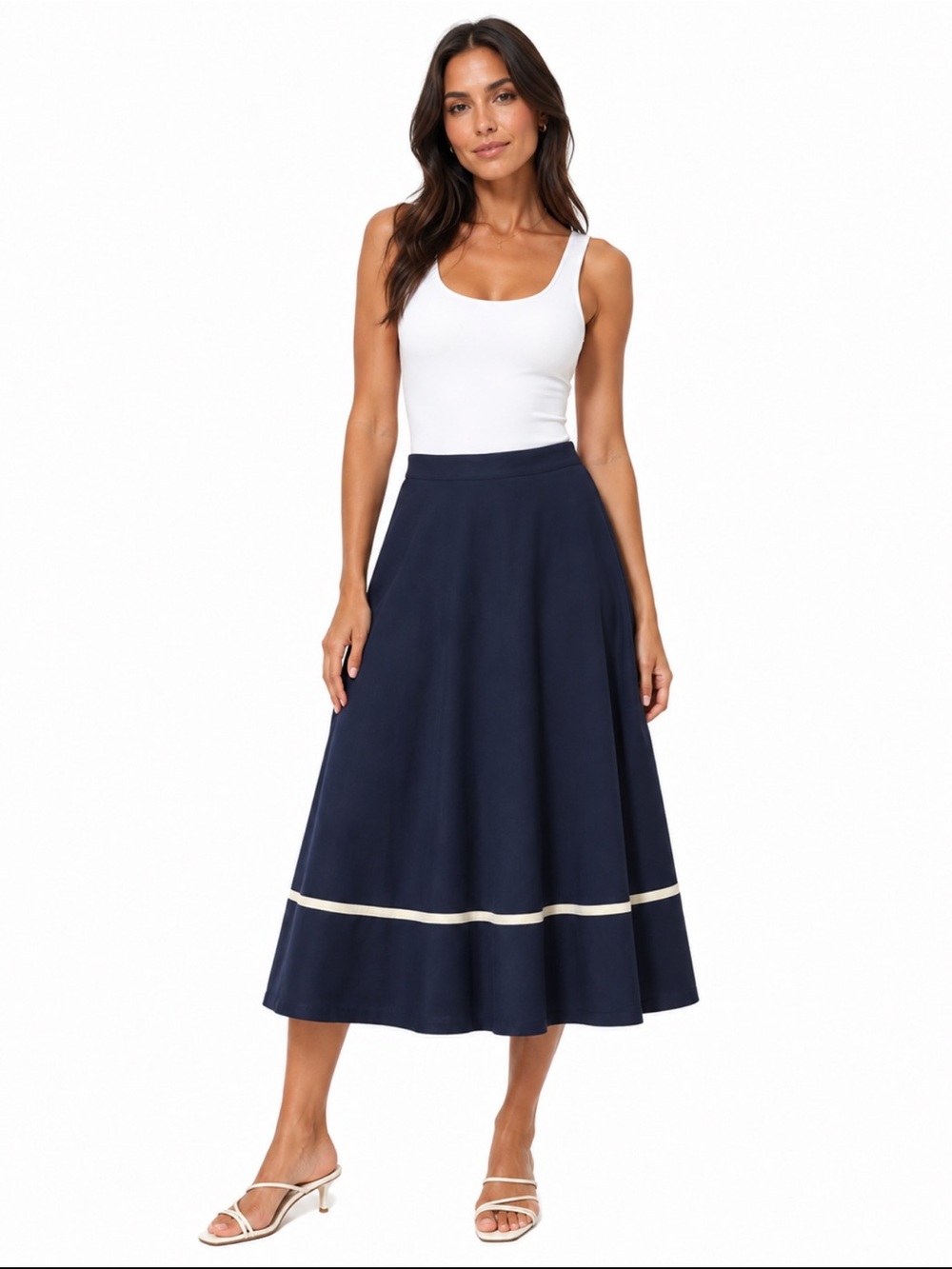 Rock Steady Women’s Large Navy Blue A-Line Midi Skirt Cream Stripe Retro Preppy